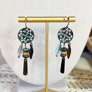 Bohemian Dream Catcher Dangle Earrings Turquoise Beads Copper Tone Metal